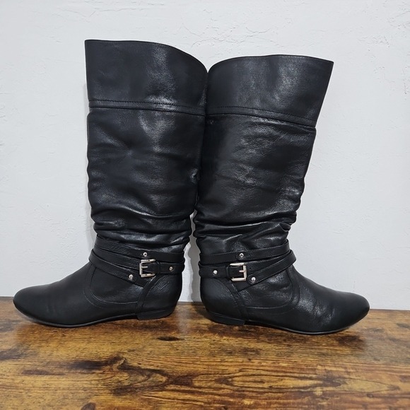 Womens Steve Madden Black Leather Knee High Boots Slouchy Buckle Sz 8 Goth - Picture 9 of 12